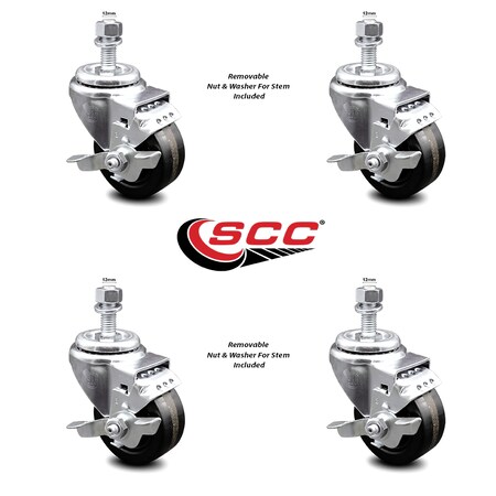 Service Caster 3.5 Inch Phenolic Wheel Swivel 12mm Threaded Stem Caster Set with Brake SCC SCC-TS20S3514-PHR-TLB-M1215-4